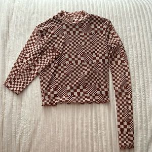 Belle du jour brown and cream checkered mock neck crop top